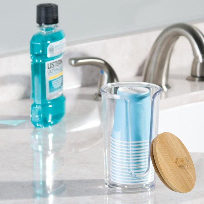 Storage Jar for the Bathroom: clear, light brown clear bathroom/vanity storage containers with wooden lids, minimal style