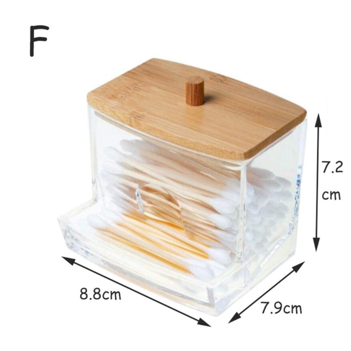 Storage Jar for the Bathroom: clear, light brown clear bathroom/vanity storage containers with wooden lids, minimal style