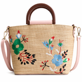 Straw Crossbody Bag with Beautiful Embroidery Pink