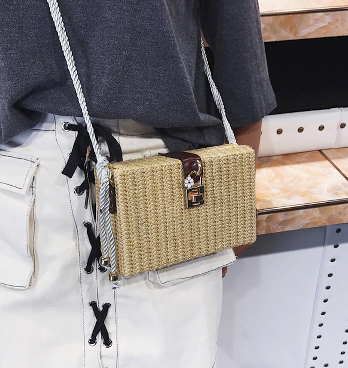 Straw Shoulder Bag with Box Clutch Design: beige, brown shoulder bag, minimal style