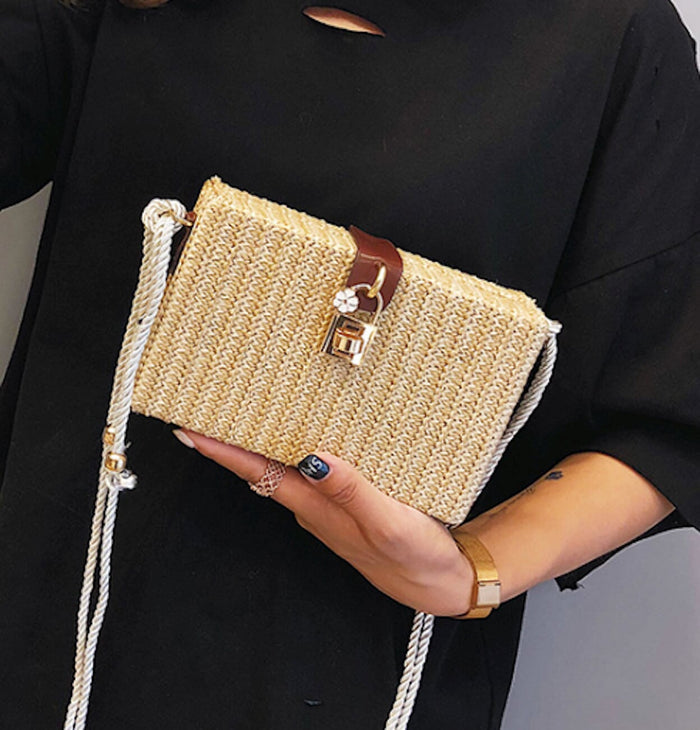 Straw Shoulder Bag with Box Clutch Design: beige, brown shoulder bag, minimal style