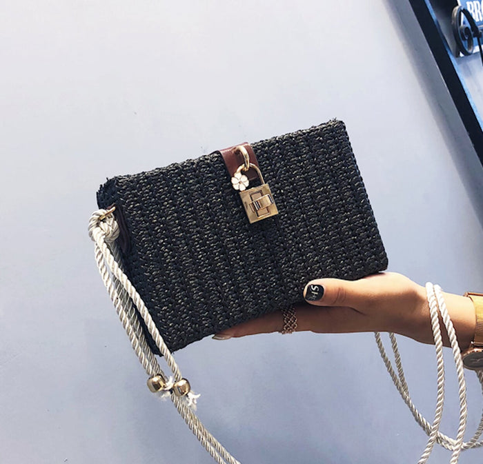 Straw Shoulder Bag with Box Clutch Design: beige, brown shoulder bag, minimal style
