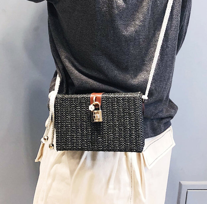 Straw Shoulder Bag with Box Clutch Design: beige, brown shoulder bag, minimal style