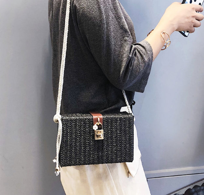 Straw Shoulder Bag with Box Clutch Design: beige, brown shoulder bag, minimal style