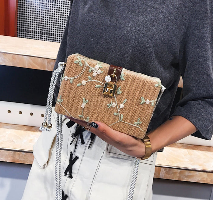 Straw Shoulder Bag with Floral Print: tan, beige floral theme, vintage-inspired floral style