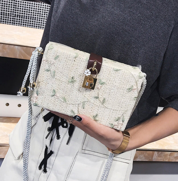 Straw Shoulder Bag with Floral Print: tan, beige floral theme, vintage-inspired floral style