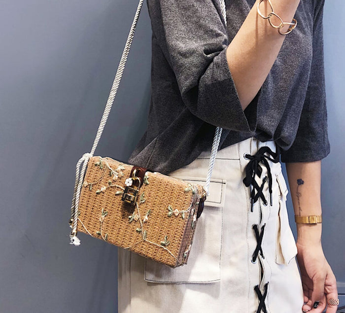 Straw Shoulder Bag with Floral Print: tan, beige floral theme, vintage-inspired floral style