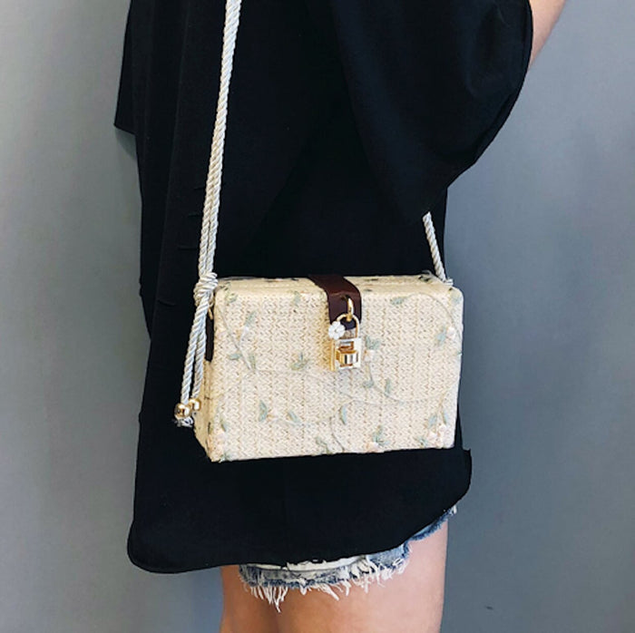 Straw Shoulder Bag with Floral Print: tan, beige floral theme, vintage-inspired floral style