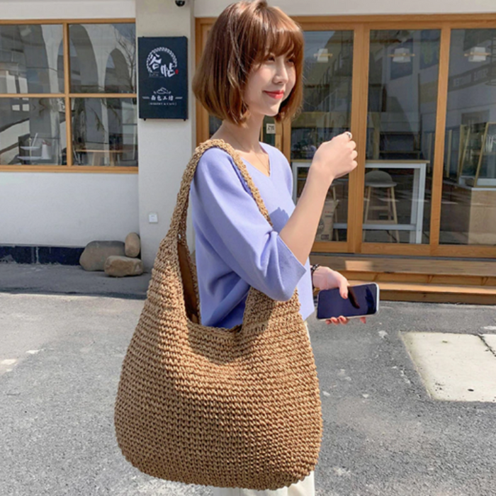Straw Tote Bag for the Summer Season: light beige, brown handbags, minimal, handmade-looking style