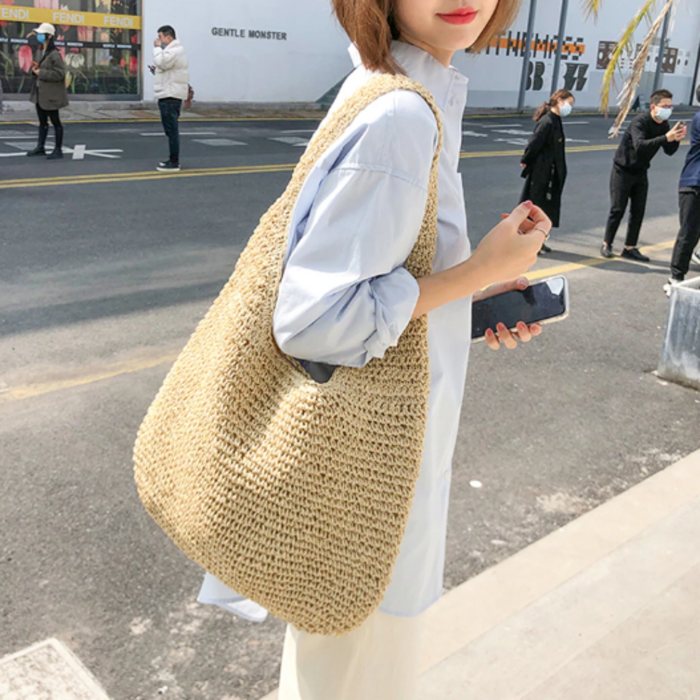 Straw Tote Bag for the Summer Season: light beige, brown handbags, minimal, handmade-looking style