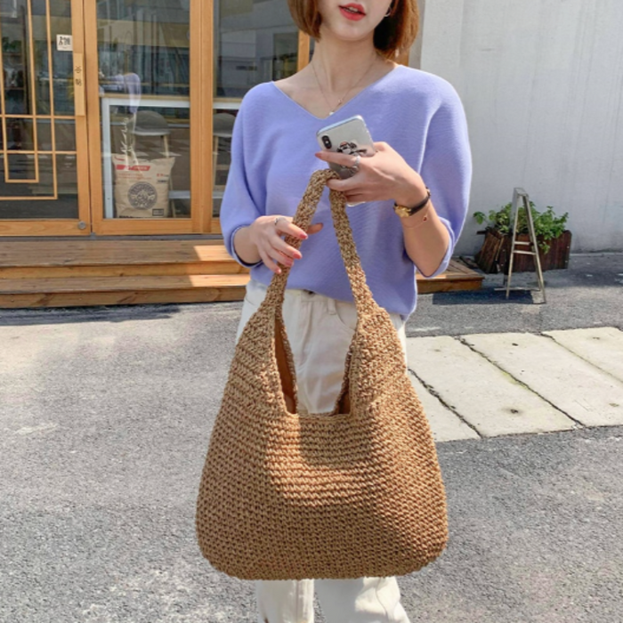 Straw Tote Bag for the Summer Season: light beige, brown handbags, minimal, handmade-looking style