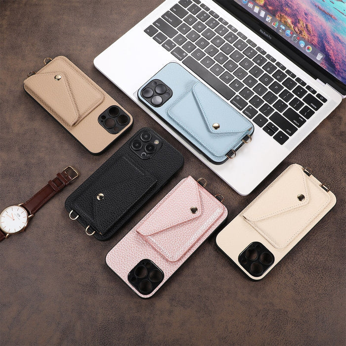 Streamlined Phone Cover with Attached Side Pocket and Carry Strap: light blue, black smartphone case with attached card holde