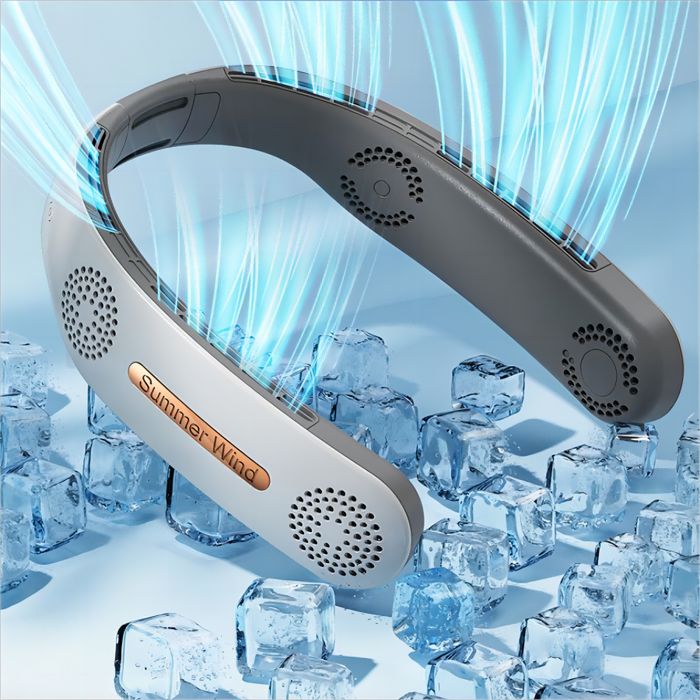 Streamlined Portable Neck Fan: dark gray, white wearable neck fan, modern minimalist style