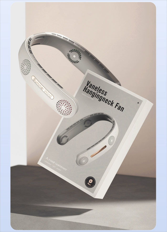 Streamlined Portable Neck Fan: dark gray, white wearable neck fan, modern minimalist style