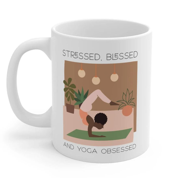 Stress-free, Blissful and Yoga Devoted Mug: white, brown yoga-themed illustrated person, minimal cartoon illustration style