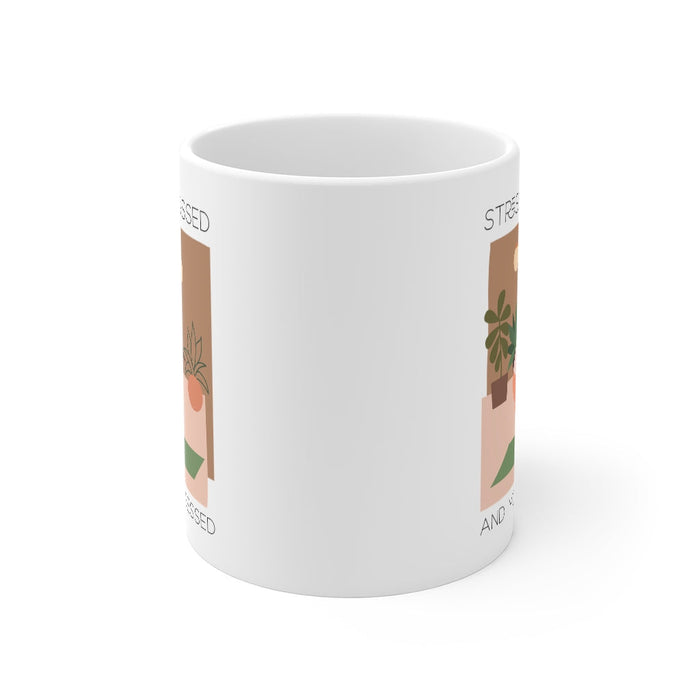 Stress-free, Blissful and Yoga Devoted Mug: white, brown yoga-themed illustrated person, minimal cartoon illustration style