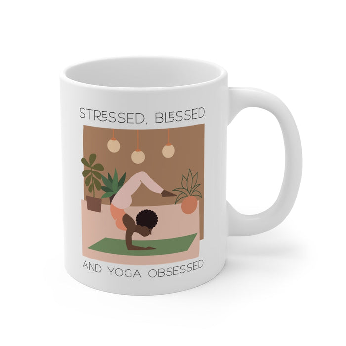 Stress-free, Blissful and Yoga Devoted Mug: white, brown yoga-themed illustrated person, minimal cartoon illustration style