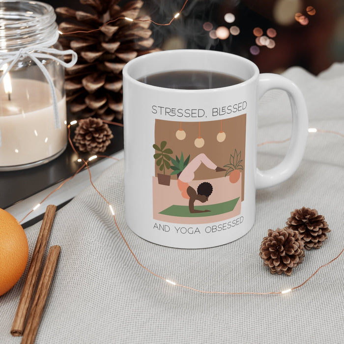 Stress-free, Blissful and Yoga Devoted Mug: white, brown yoga-themed illustrated person, minimal cartoon illustration style