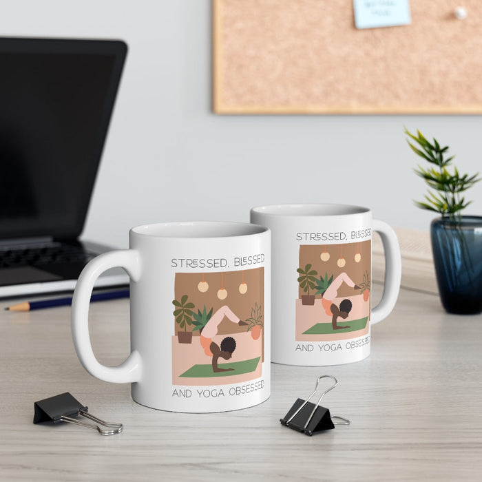 Stress-free, Blissful and Yoga Devoted Mug: white, brown yoga-themed illustrated person, minimal cartoon illustration style