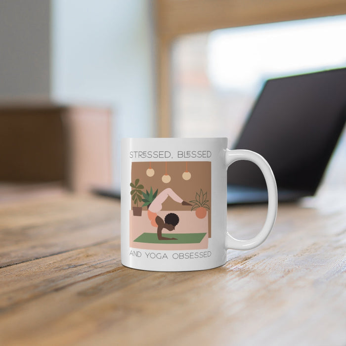 Stress-free, Blissful and Yoga Devoted Mug: white, brown yoga-themed illustrated person, minimal cartoon illustration style