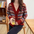Striped Cardigan for Women with Button Front: burgundy red, black cardigan sweater, casual vintage-inspired style