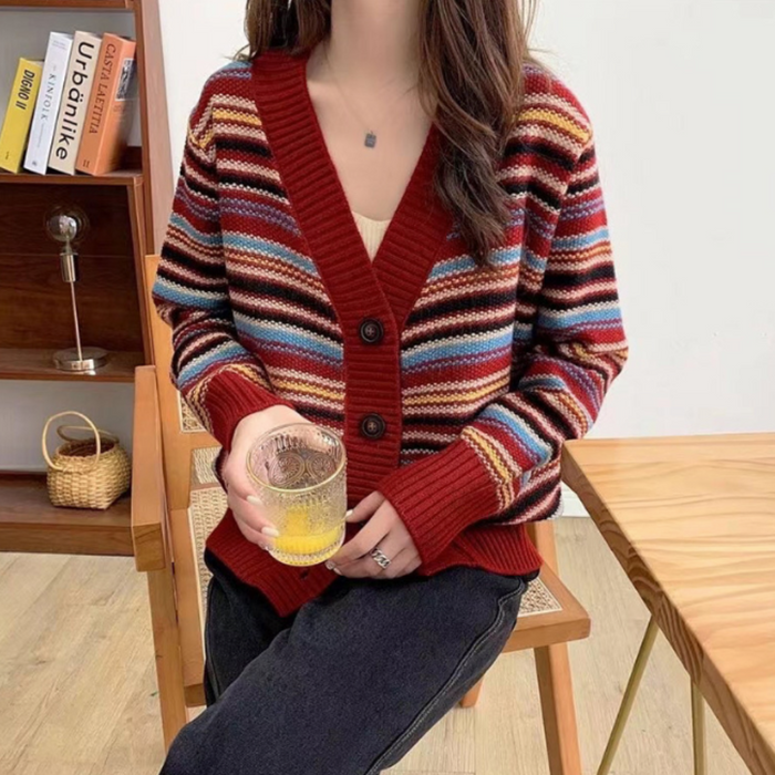 Striped Cardigan for Women with Button Front: burgundy red, black cardigan sweater, casual vintage-inspired style