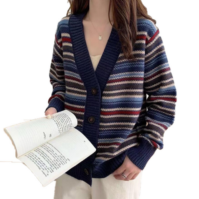 Striped Cardigan for Women with Button Front: burgundy red, black cardigan sweater, casual vintage-inspired style