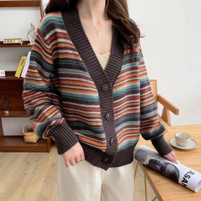 Striped Cardigan for Women with Button Front: burgundy red, black cardigan sweater, casual vintage-inspired style