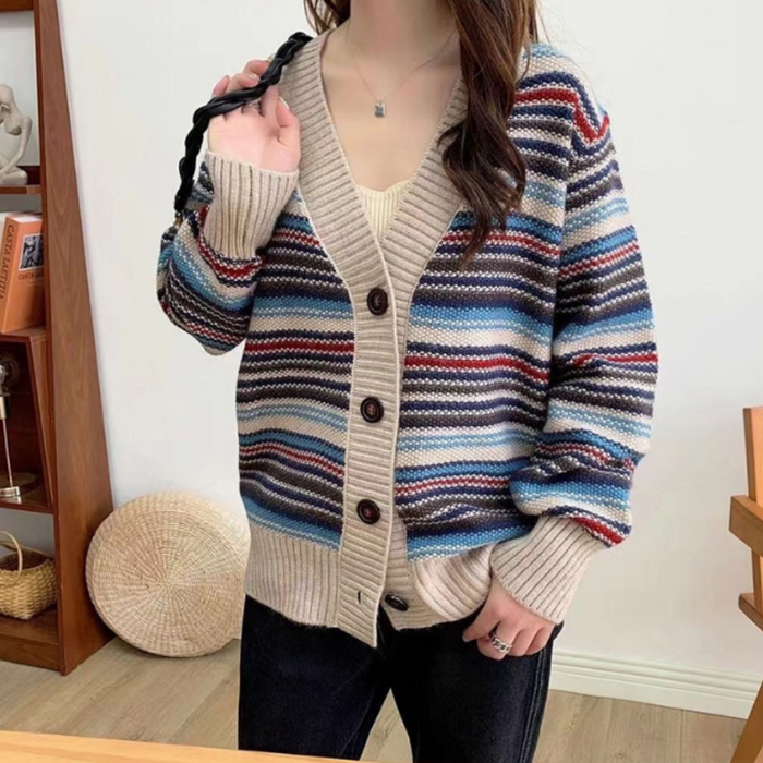 Striped Cardigan for Women with Button Front: burgundy red, black cardigan sweater, casual vintage-inspired style
