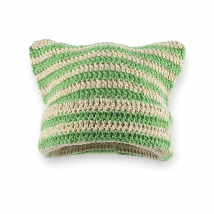 Striped Knitted Beanie for Adults green beige handmade