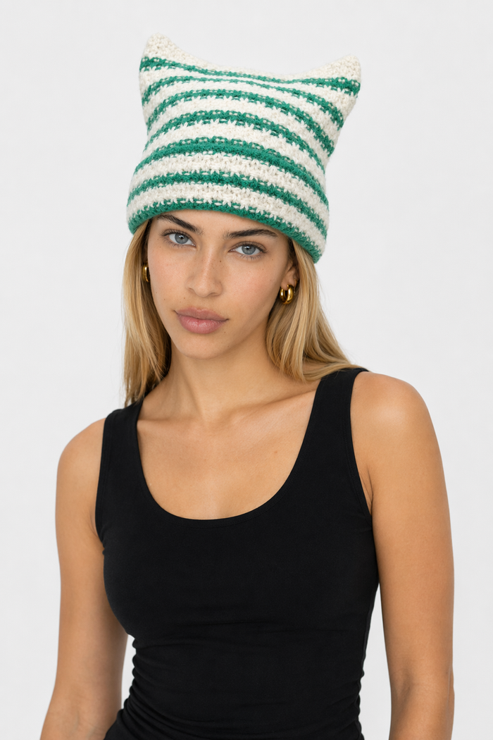 Striped Knitted Beanie for Adults green striped