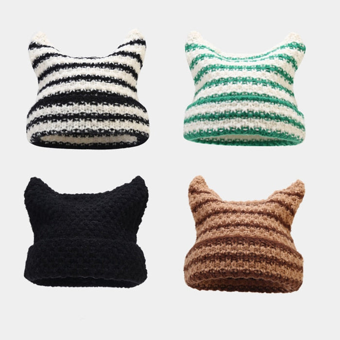 Striped Knitted Beanie for Adults: black, white cat-like character, minimal cartoon style
