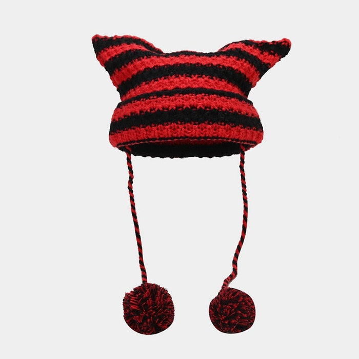 Striped Knitted Beanie for Adults: black, white cat-like character, minimal cartoon style