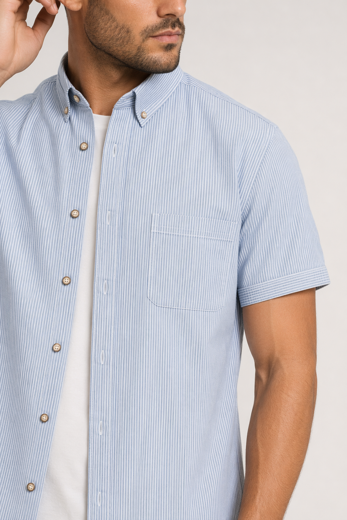 Striped Shirt for Men with Short Sleeves Light Blue