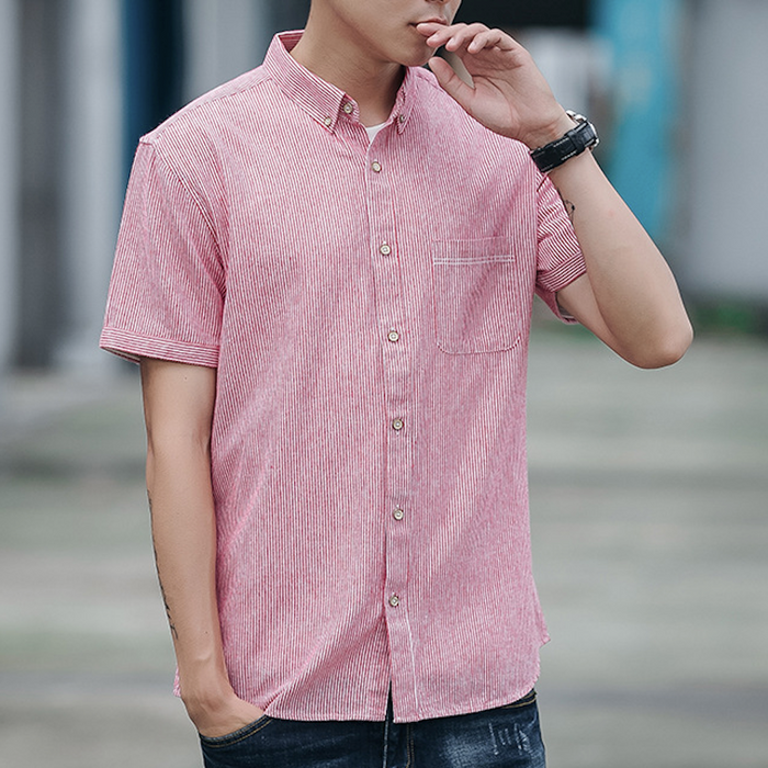 Striped Shirt for Men with Short Sleeves: pink, white short-sleeve button-up shirt, casual style