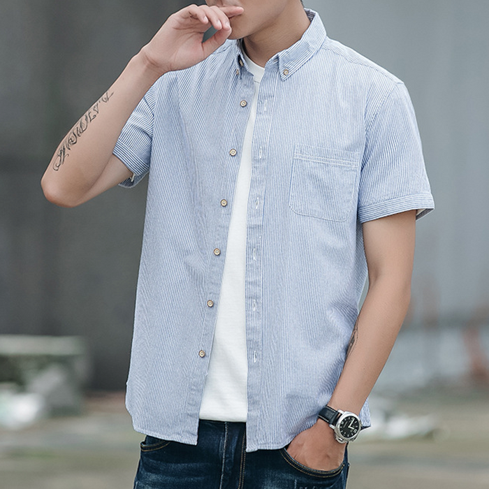 Striped Shirt for Men with Short Sleeves: pink, white short-sleeve button-up shirt, casual style