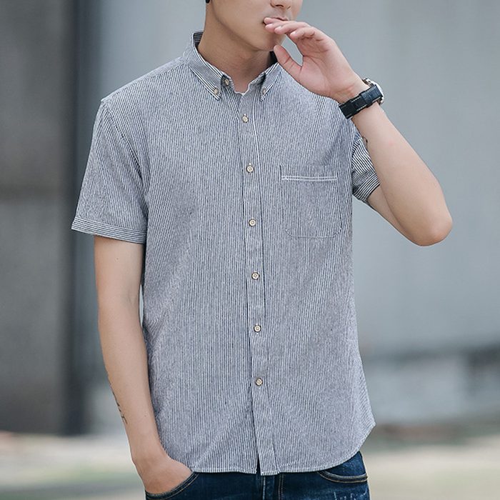 Striped Shirt for Men with Short Sleeves: pink, white short-sleeve button-up shirt, casual style