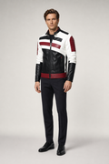 Striped Vegan Leather Biker Jacket for Men Red