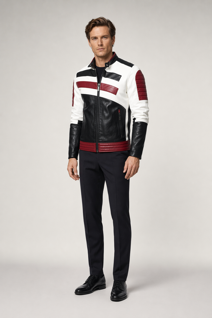 Striped Vegan Leather Biker Jacket for Men Red
