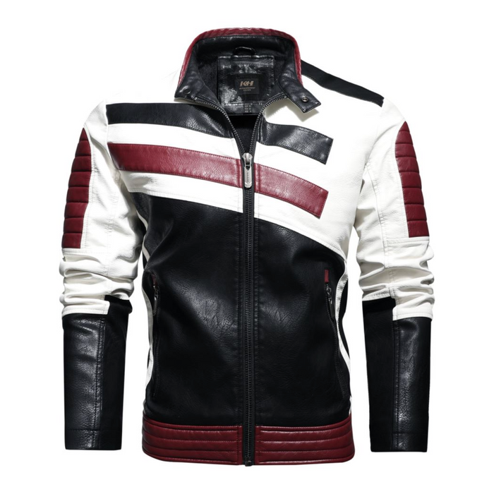 Striped Vegan Leather Biker Jacket for Men: black, white jacket, motorcycle racer style