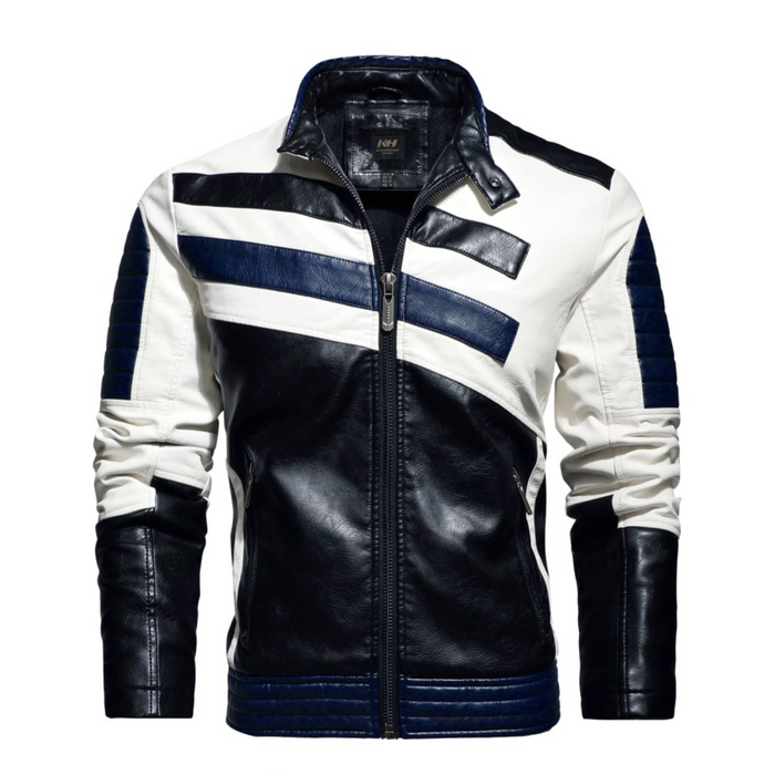 Striped Vegan Leather Biker Jacket for Men: black, white jacket, motorcycle racer style
