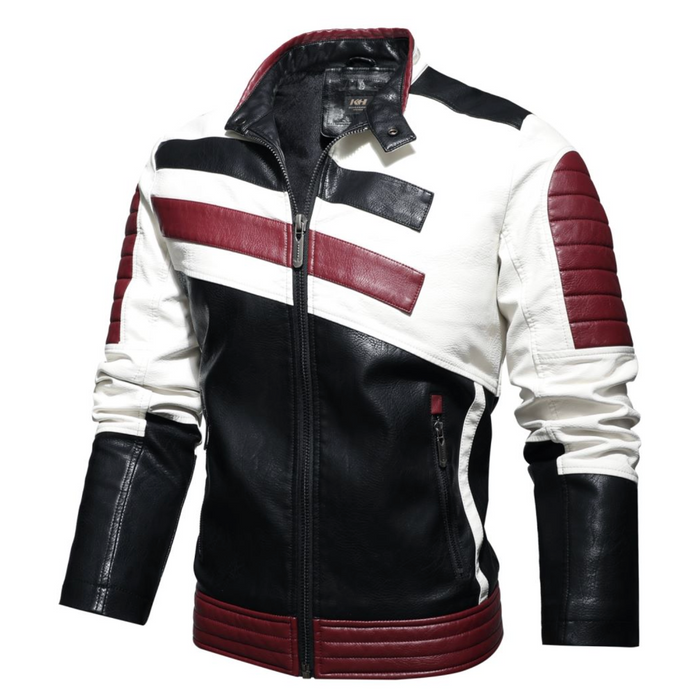 Striped Vegan Leather Biker Jacket for Men: black, white jacket, motorcycle racer style