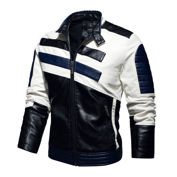 Striped Vegan Leather Biker Jacket for Men: black, white jacket, motorcycle racer style