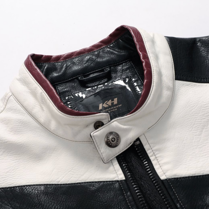 Striped Vegan Leather Biker Jacket for Men: black, white jacket, motorcycle racer style