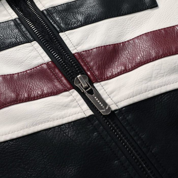 Striped Vegan Leather Biker Jacket for Men: black, white jacket, motorcycle racer style
