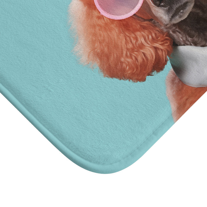 Stylish Canine with Sunglasses Bath Mat: turquoise, peach-orange poodle dog character, cartoon-like fashion portrait style