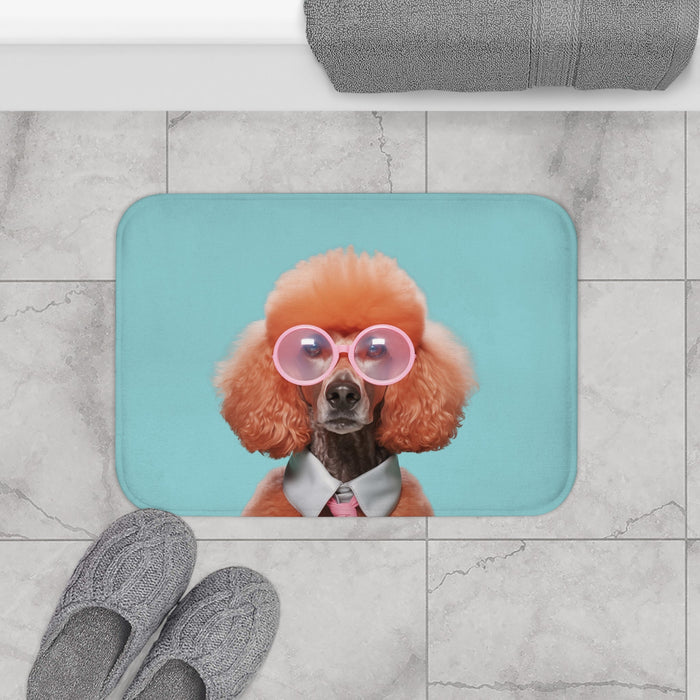 Stylish Canine with Sunglasses Bath Mat: turquoise, peach-orange poodle dog character, cartoon-like fashion portrait style