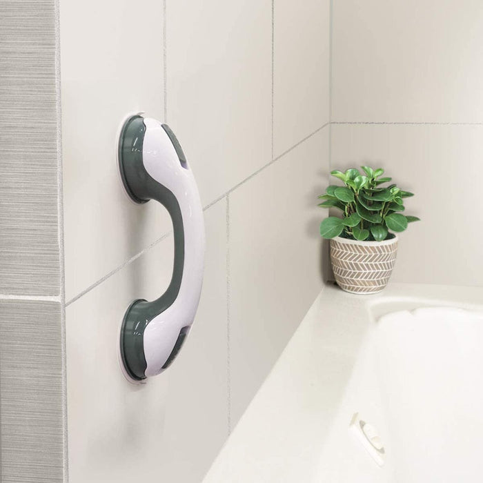 Suction Grip Shower Handle with Non-Slip Feature: white, dark gray bathroom suction grab handle, minimal style