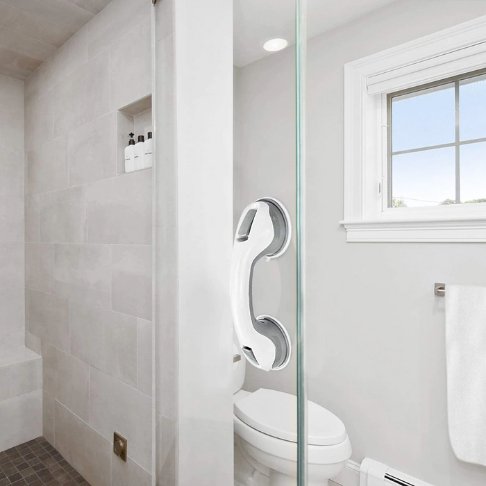 Suction Grip Shower Handle with Non-Slip Feature: white, dark gray bathroom suction grab handle, minimal style