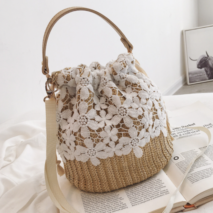 Summer Lace-Trimmed Straw Bucket Bag for a Chic Seasonal Look: beige, white handbag, feminine, bohemian style